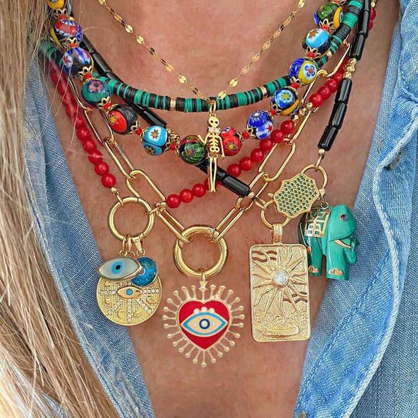 evil eye heart red green necklace for women choker goth aesthetic boho vintage collier femme fashion summer jewelry pendant, Silver
